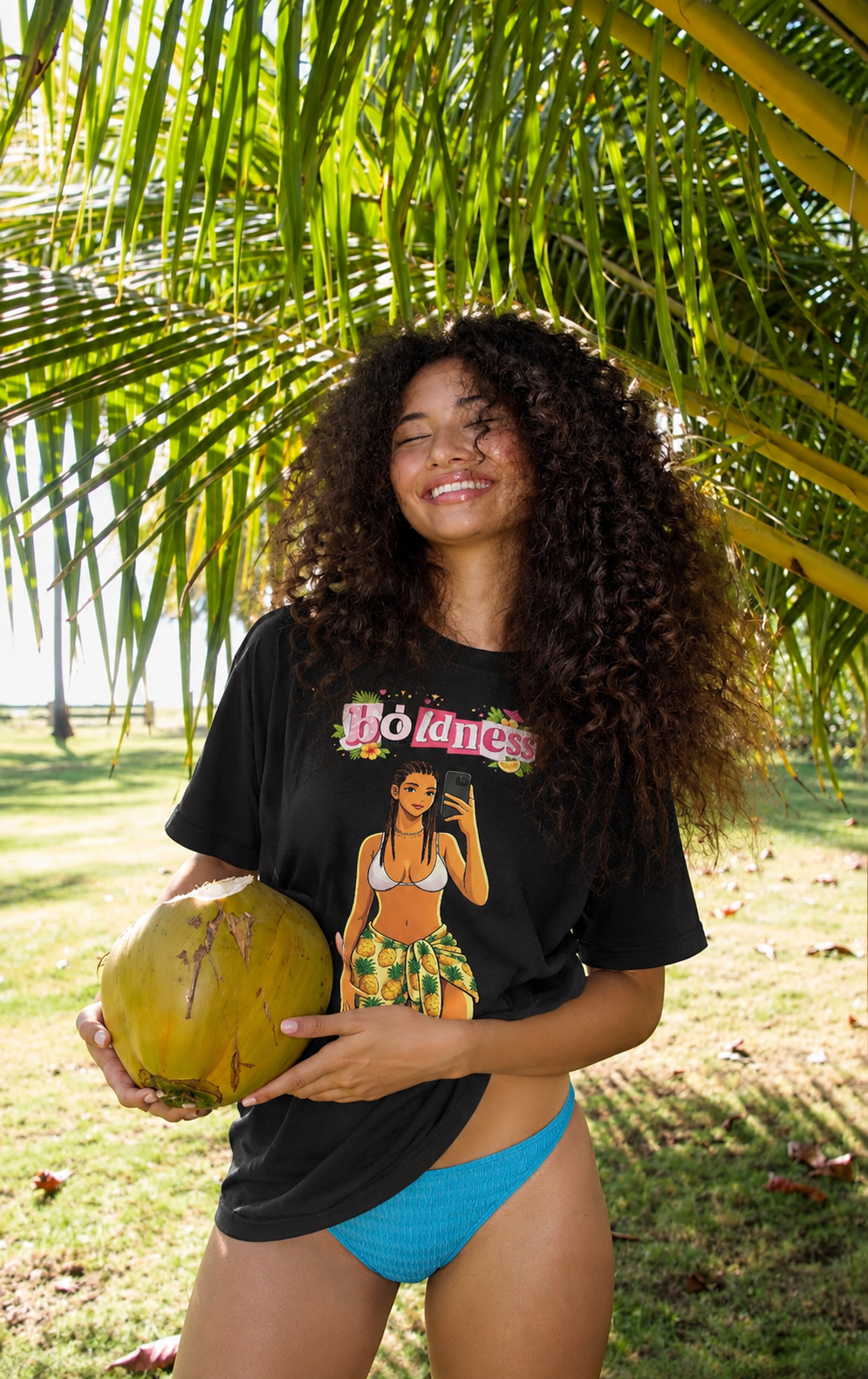 Femme souriante sous les palmiers en t-shirt LILA™ Boldness