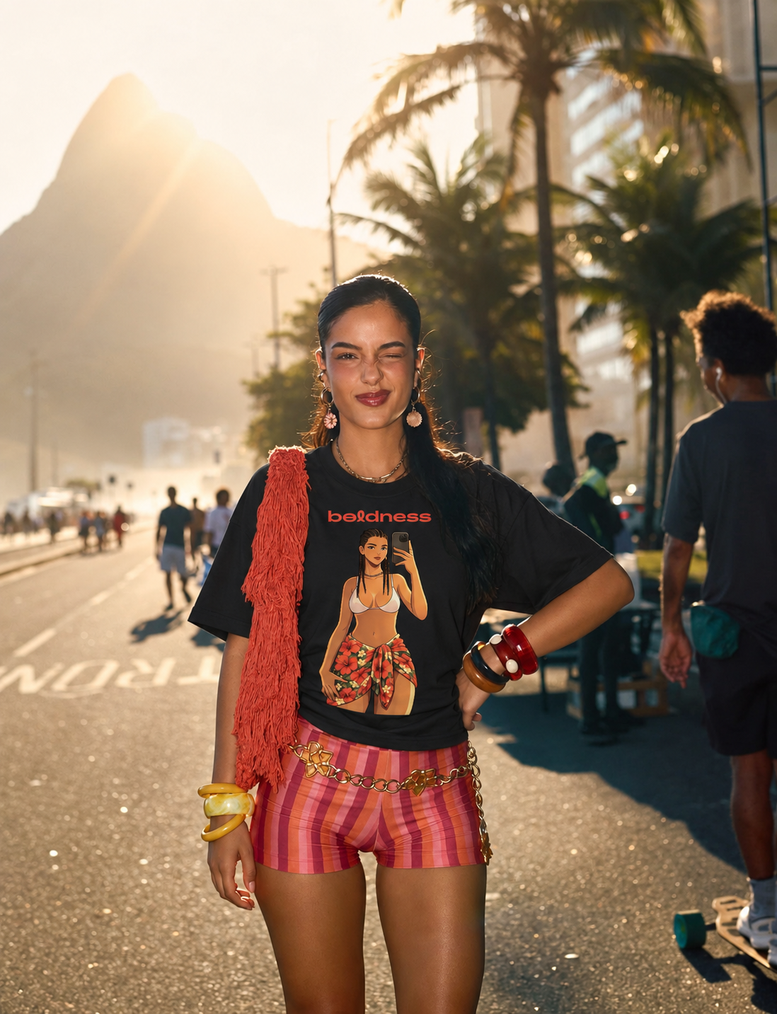 Femme souriante en t-shirt noir LILA™ Boldness Hibiscus Edition sur une promenade ensoleillée
